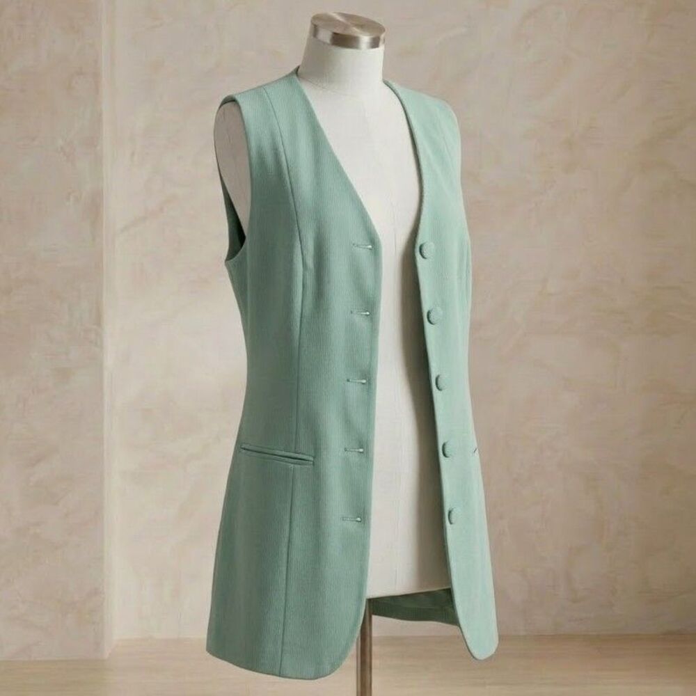 Vintage Paul Harris Design Womens Vest Waistcoat M Sage Green Longline Button
